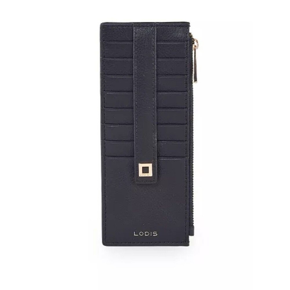 Really Nice LODIS Slim Black Embossed LEATHER Card Stacker Holder WALLET EuC